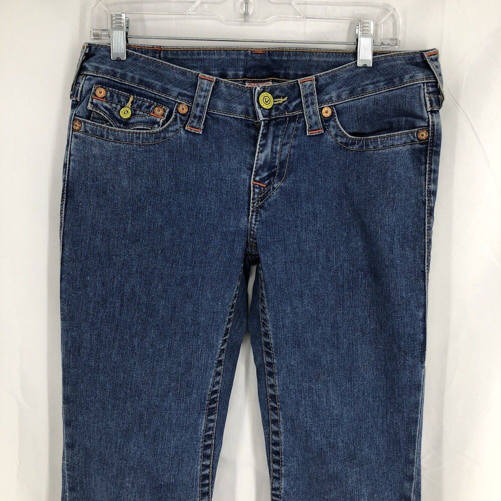 True Religion Joey Flare Flap Pocket Low Rise Denim Jeans Yellow Button 30 32x31